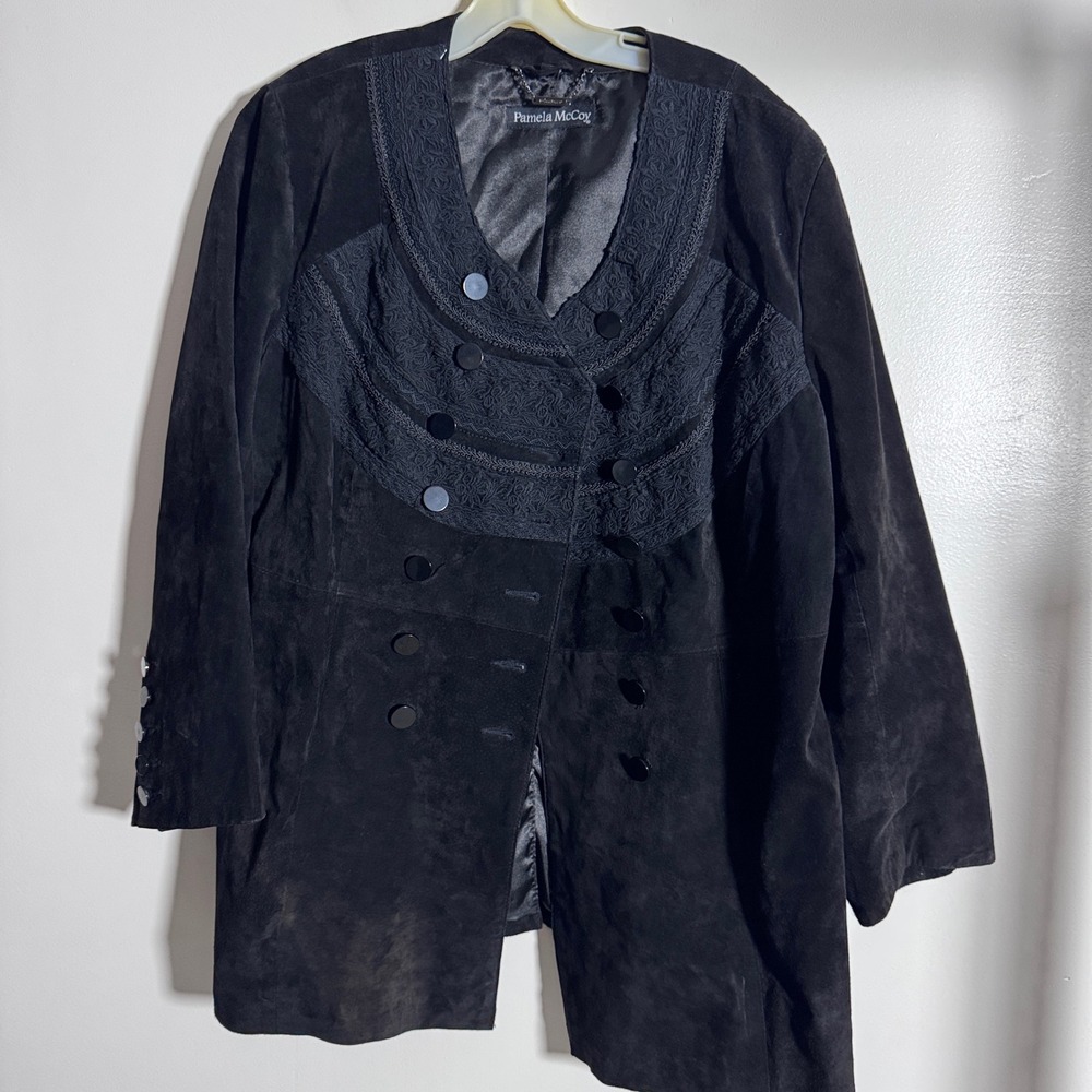 Pamela McCoy Suede Jacket Womens 2X Black Solid Embroidered Genuine Leather Coat